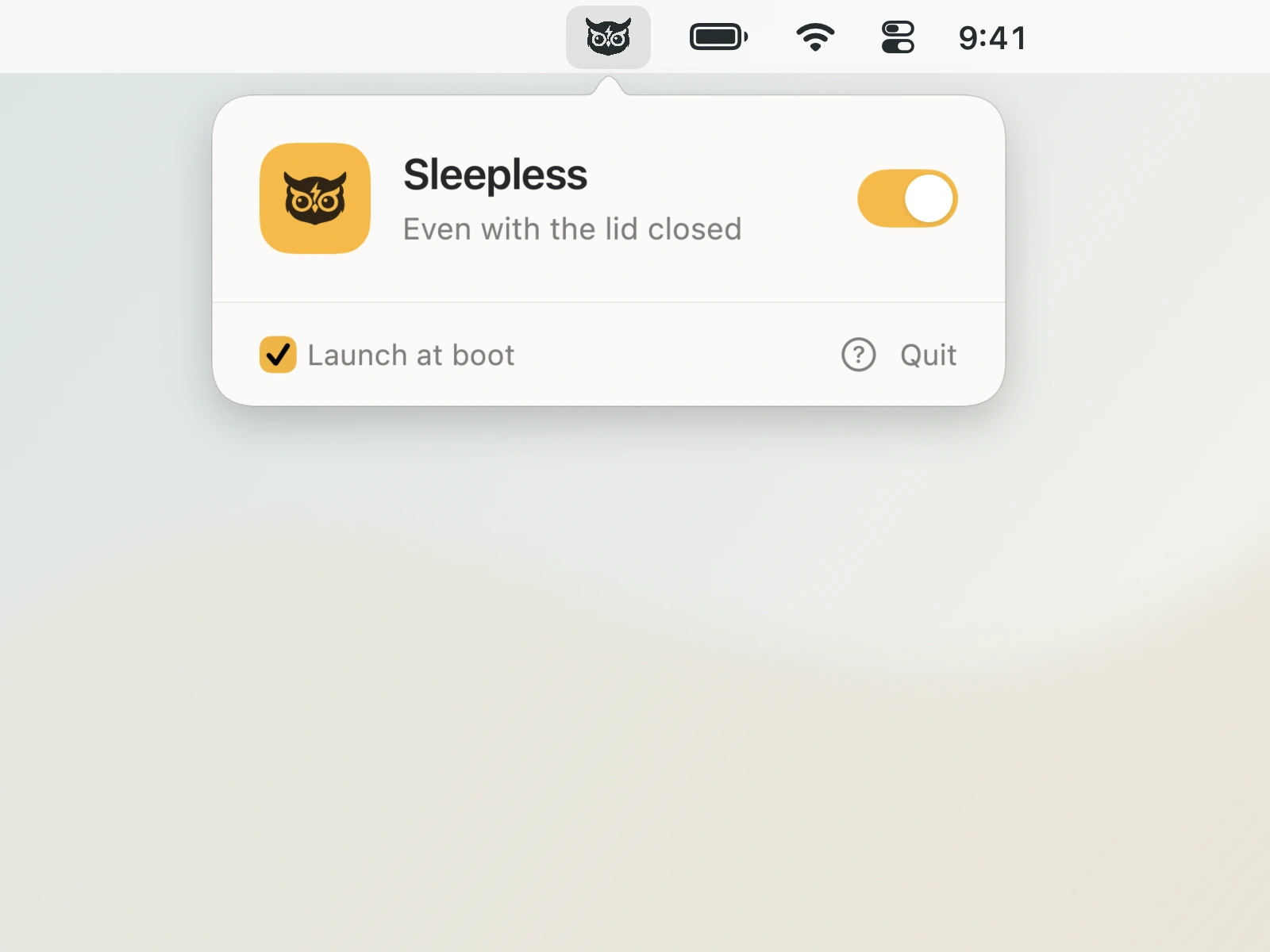 Sleepless åpnet fra menylinjen på et rent Mac-skrivebord