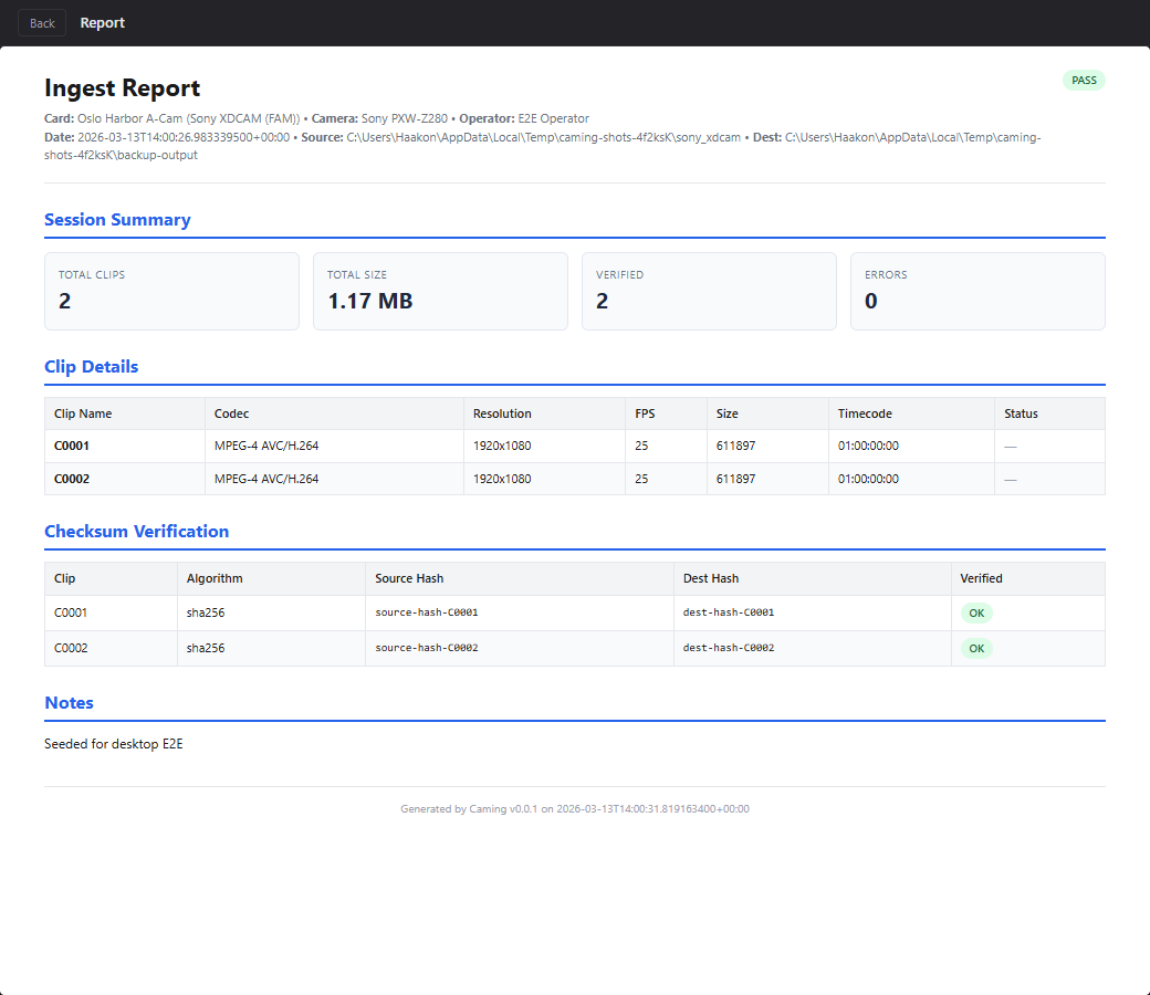 Caming app - ingest report with checksum verification, clip details, and session summary